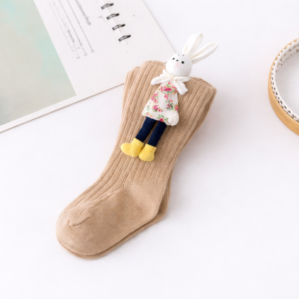 Beżowe Rajstopy dziecięce bawełniane z króliczkiem 3D