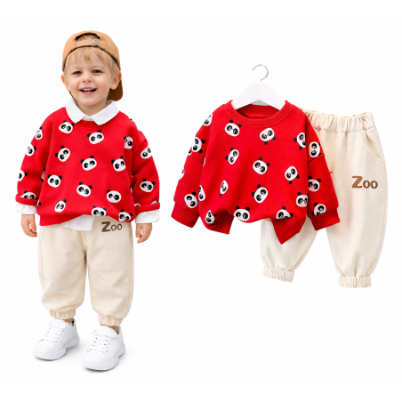 Komplet chłopięcy panda – bluza czerwona i spodnie kaki | Leanka