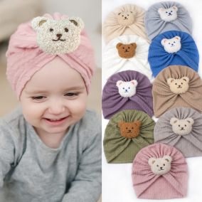 Czapka turban niemowlęca z misiem – bawełniana czapeczka dla dziecka | Leanka 2