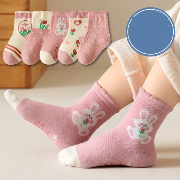 Skarpetki dziecięce bawełniane z króliczkiem – zestaw 5 par pastelowych | LeAnKa