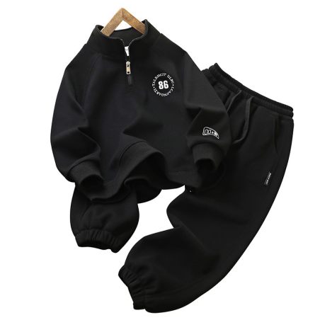 Czarny dres dziecięcy z zamkiem 86 – modny komplet sportowy LeAnKa