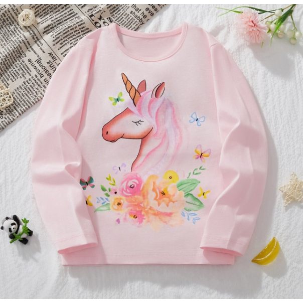 Bluzka dziewczęca z jednorożcem w kwiaty – różowa bawełniana