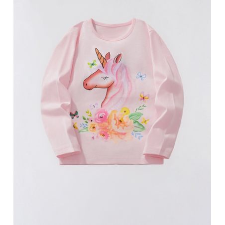 Bluzka dziewczęca z jednorożcem w kwiaty – różowa bawełniana
