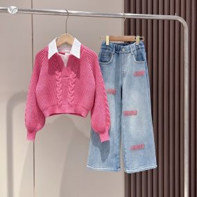 Komplet dziewczęcy sweter z kołnierzykiem i jeansy szerokie – stylowy zestaw dla dziewczynki | Leanka