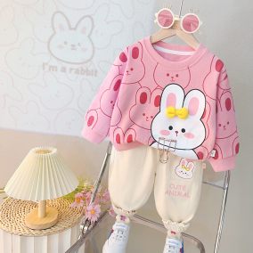 Komplet dla dziewczynki 9M–4L z króliczkiem – różowa bluza i spodnie Cute Animal | Leanka