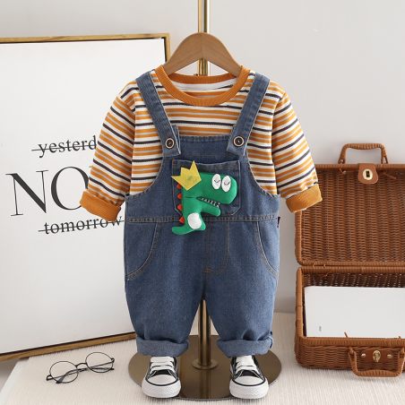Komplet dziecięcy ogrodniczki jeansowe z dinozaurem i bluzką w paski – modny zestaw dla chłopca i dziewczynki | LeAnKa