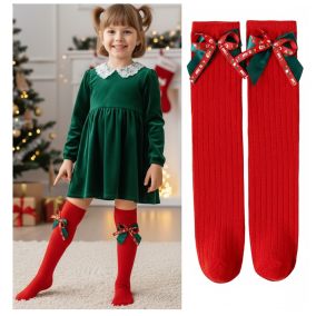 Świąteczne podkolanówki dziecięce z kokardą – czerwone i zielone | LeAnKa 2