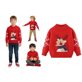 Dziecięcy sweter świąteczny z reniferem – miękki czerwony sweter akrylowy 2–7 lat | LeAnKa 2