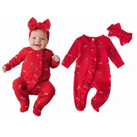 Świąteczny pajacyk niemowlęcy z falbankami i opaską | LeAnKa 2