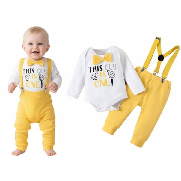 Zestaw urodzinowy dla chłopca „This Guy is One” – body z muchą i spodnie z szelkami | LeAnKa