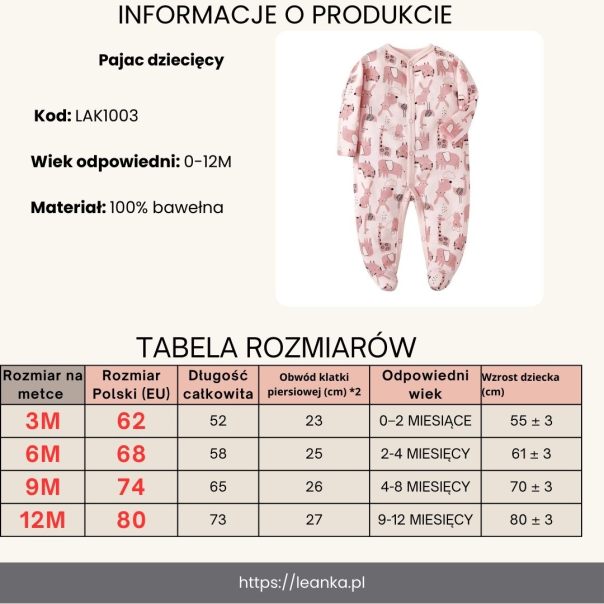 Pajac niemowlęcy dziewczęcy w różowe zwierzątka – bawełniany, z długim rękawem | LeAnKa