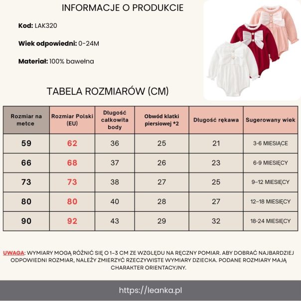Body niemowlęce dziewczęce z kokardą | Eleganckie body bawełniane LeAnKa
