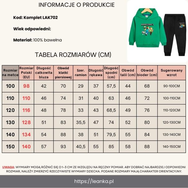 Komplet dla chłopca Minecraft z kapturem – bluza i spodnie sportowe 4–8 lat | LeAnKa