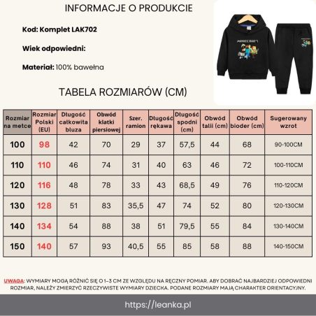 Komplet dla chłopca Minecraft z kapturem – bluza i spodnie sportowe 4–8 lat | LeAnKa