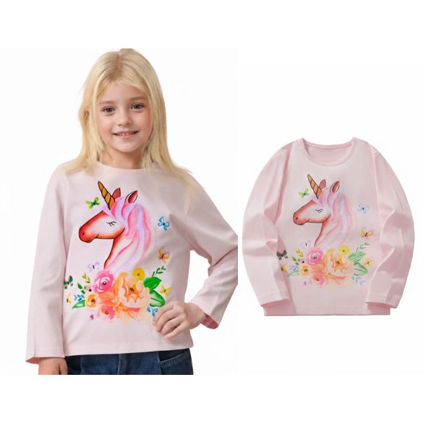 Bluzka dziewczęca z jednorożcem w kwiaty – różowa bawełniana
