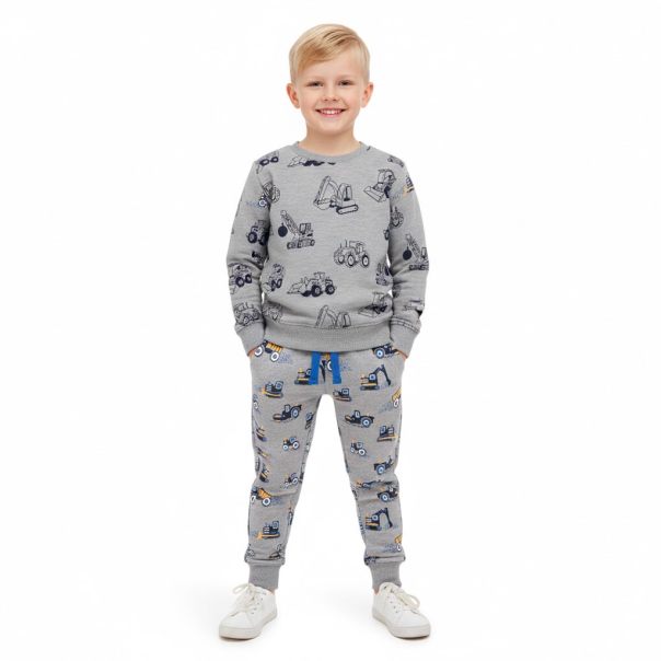 Spodnie chłopięce bawełniane z nadrukiem koparek – szare | LeAnKa