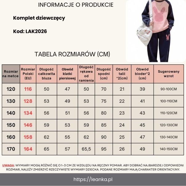 Dres dziewczęcy z motywem królika – komplet różowo-granatowy | Leanka