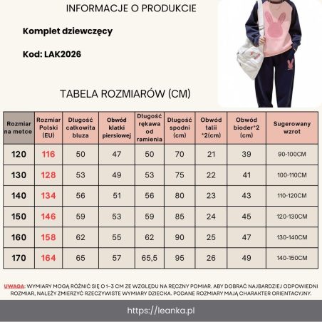 Dres dziewczęcy z motywem królika – komplet różowo-granatowy | Leanka