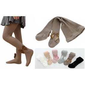 Ciemne beżowe eleganckie rajstopy dziecięce z kokardką 2