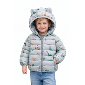 Szara cienka kurtka dziecięca dinozaury – lekka kurtka przejściowa