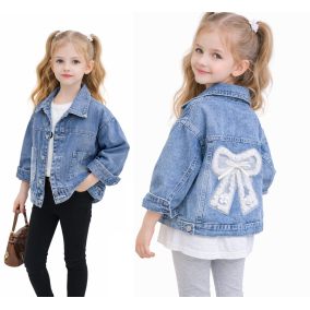 Kurtka jeansowa dziewczęca – katana z kokardą i koronką 2–12 lat | LeAnKa 2